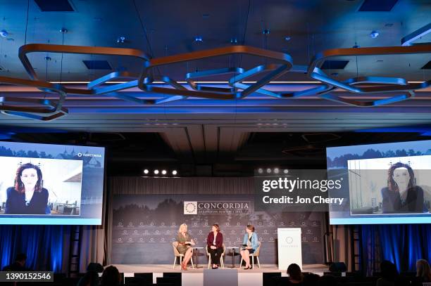 Kerry Healey, President, Milken Center for Advancing the American Dream, Amy McGrath, Founder, Honor Bound and Mary Davis, Dean, University of...