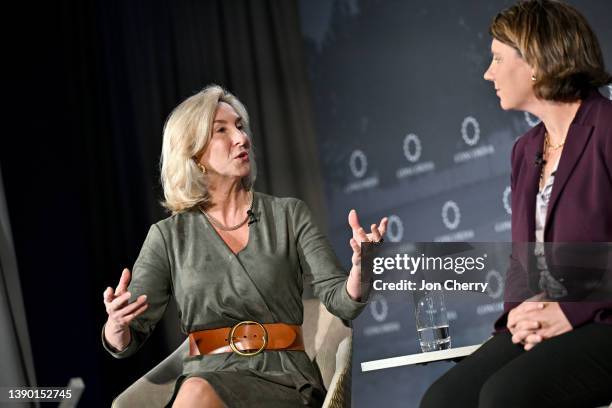 Kerry Healey, President, Milken Center for Advancing the American Dream, and Amy McGrath, Founder, Honor Bound speak onstage during the 2022...