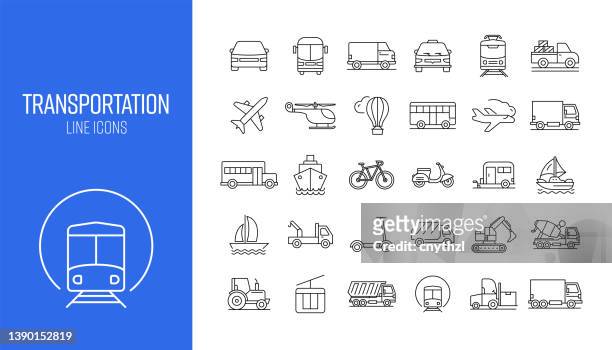 set of transportation related line icons. outline symbol collection - airplane illustration stock illustrations