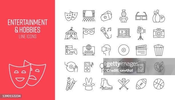 set of entertainment and hobbies related line icons. outline symbol collection - art gallery party stock illustrations