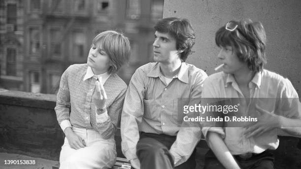 The three founding members of Talking Heads on a Manhattan rooftop, US, 1976. Bassist Tina Weymouth, singer-guitarist David Byrne and drummer Chris...