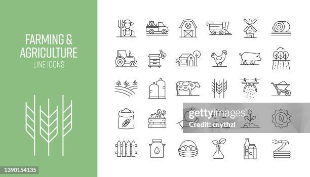 ilustraciones, imágenes clip art, dibujos animados e iconos de stock de conjunto de iconos de línea relacionados con la agricultura y la agricultura. colección de símbolos de contorno - concept does not exist