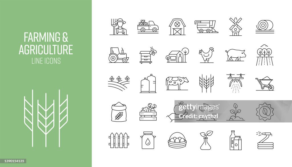 Set of Farming and Agriculture Related Line Icons. Outline Symbol Collection