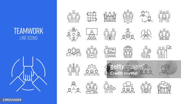 satz von teamwork-bezogenen liniensymbolen. outline symbol-auflistung - working stock-grafiken, -clipart, -cartoons und -symbole