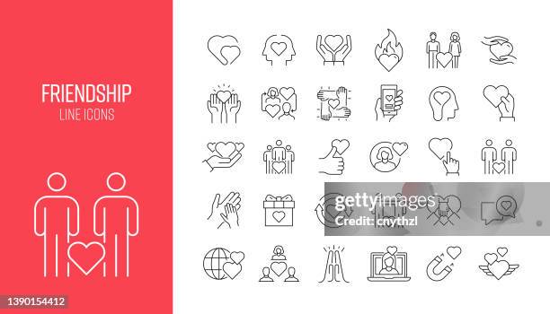 ilustraciones, imágenes clip art, dibujos animados e iconos de stock de conjunto de iconos de línea relacionados con la amistad, la relación y el amor. colección de símbolos de contorno - novios