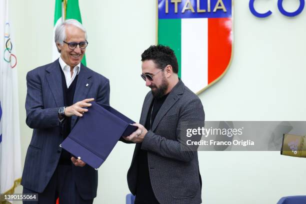 Giovanni Malagò and Federico Zampaglione attend the Premio "Giuliano Gemma - Forza Passione Identità" at Salone D'Onore of the CONI headquarter on...