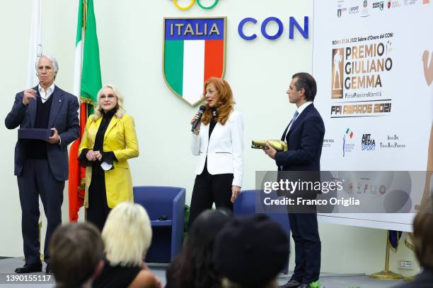 Giovanni Malagò and Eleonora Giorgi attend the Premio "Giuliano Gemma - Forza Passione Identità" at Salone D'Onore of the CONI headquarter on April...