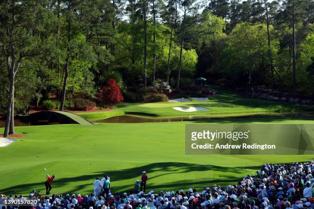 Matthew Fitzpatrick of England plays his shot from the 12th tee during the first round of the Masters at Augusta National Golf Club on April 07, 2022...