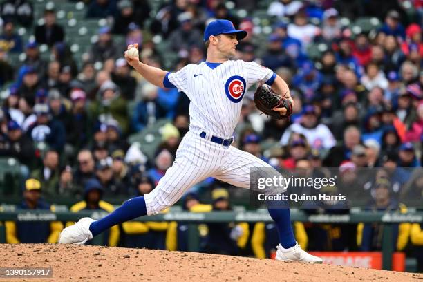David Robertson of the Chicago Cubs pitches in the ninth inning against the Milwaukee Brewers on Opening Day at Wrigley Field on April 07, 2022 in...