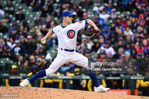 David Robertson of the Chicago Cubs pitches in the ninth inning against the Milwaukee Brewers on Opening Day at Wrigley Field on April 07, 2022 in...