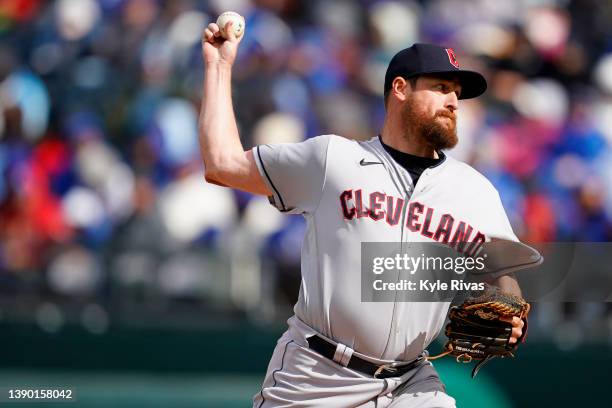Bryan Shaw of the Cleveland Guardians pitches against the Kansas City Royals in the fifth inning during Opening Day at Kauffman Stadium on April 7,...