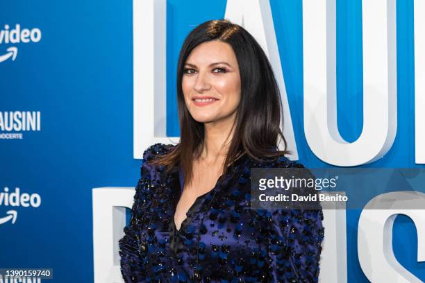 Laura Pausini attends the premiere of the documentary 'Laura Pausini - Un placer conocerte ' at Cine Capitol Gran Via on April 07, 2022 in Madrid,...