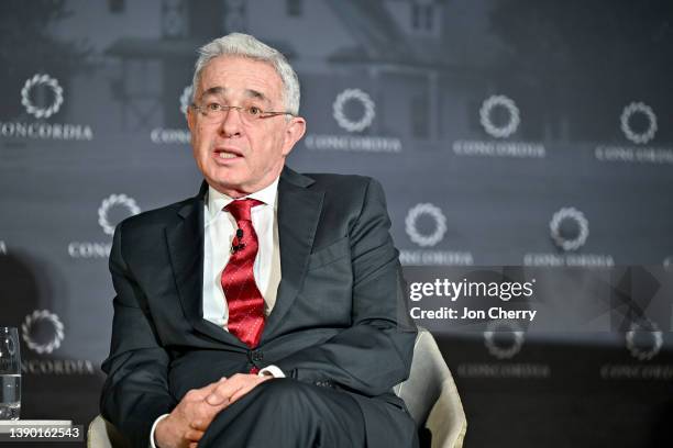 Álvaro Uribe Vélez, Former President, The Republic of Colombia speaks onstage during the 2022 Concordia Lexington Summit - Day 1 at Lexington...