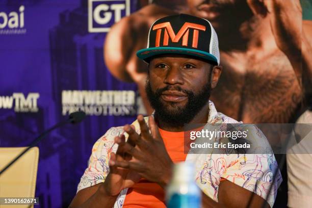 Floyd Mayweather looks on during a press conference at The Gabriel Miami Downtown on April 07, 2022 in Miami, Florida. Floyd Mayweather will fight...