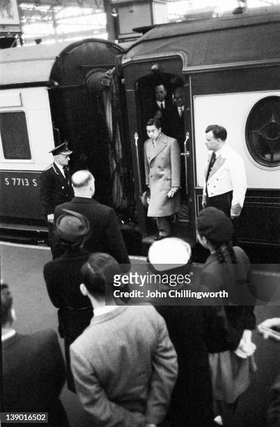 Crown Prince Akihito of Japan, later Emperor Akihito of Japan, arrives in London to attend the Coronation of Queen Elizabeth II, 28th April 1953....