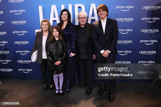 Paolo Carta , Paola Carta and Laura Pausini attend the 'Laura Pausini - Un Placer Conocerte' premiere at Capitol Cinema on April 07, 2022 in Madrid,...