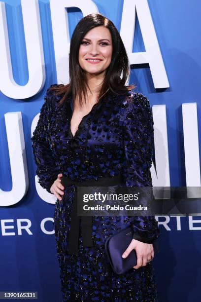 Italian singer Laura Pausini attends the 'Laura Pausini - Un Placer Conocerte' premiere at Capitol Cinema on April 07, 2022 in Madrid, Spain.