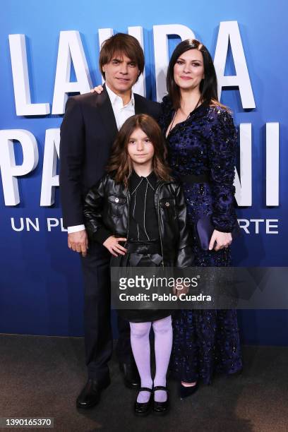 Paolo Carta, Paola Carta and Laura Pausini attend the 'Laura Pausini - Un Placer Conocerte' premiere at Capitol Cinema on April 07, 2022 in Madrid,...