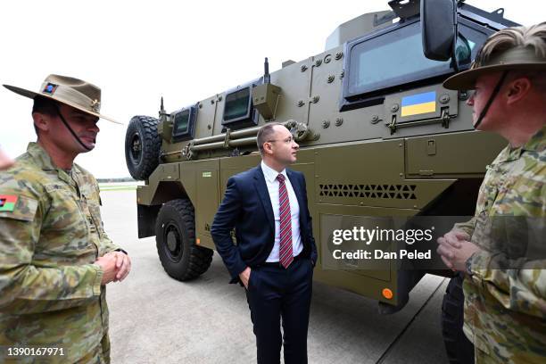 Ambassador of Ukraine to Australia Vasyl Myroshnychenko inspects an Australian Bushmaster PMV Armoured Vehicle at the Amberley Air Base on April 08,...