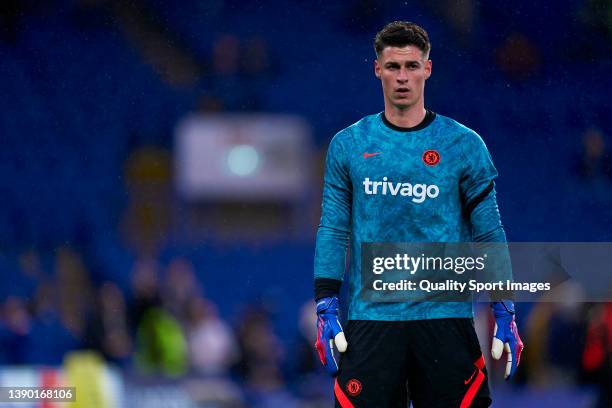 Kepa Arrizabalaga of Chelsea FC during the prematch warm up prior to the UEFA Champions League Quarter Final Leg One match between Chelsea FC and...