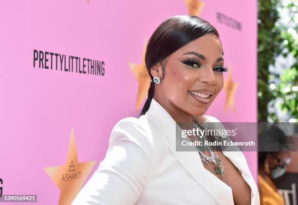 Ashanti arrives at a luncheon hosted by PrettyLittleThing to celebrate Ashanti's star on the Hollywood Walk of Fame on April 07, 2022 in Beverly...