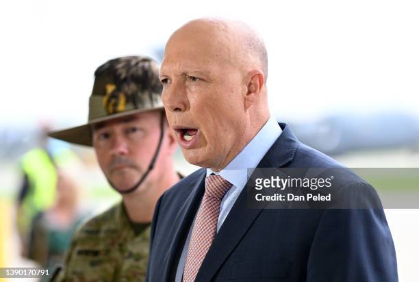 Australian Defence minister Peter Dutton speaks during a press conference at the Amberley Air Base on April 08, 2022 in Ipswich, Australia. The...
