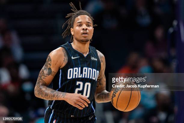 Markelle Fultz of the Orlando Magic brings the ball up court against the Charlotte Hornets in the second quarter during their game at Spectrum Center...