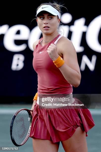 Paula Badosa of Spain celebrates winning the second set against Claire Liu during the Credit One Charleston Open at Credit One Stadium on April 07,...