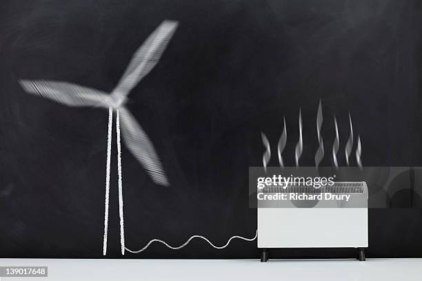 heater powered by wind turbine on chalboard - electric fire stock pictures, royalty-free photos & images