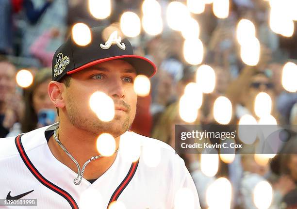 Austin Riley of the Atlanta Braves is introduced prior to the opening day game against the Cincinnati Reds at Truist Park on April 07, 2022 in...