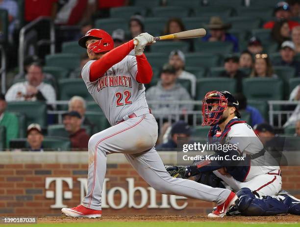 Brandon Drury of the Cincinnati Reds hitsa three-run homer in the sixth inning against the Atlanta Braves at Truist Park on April 07, 2022 in...