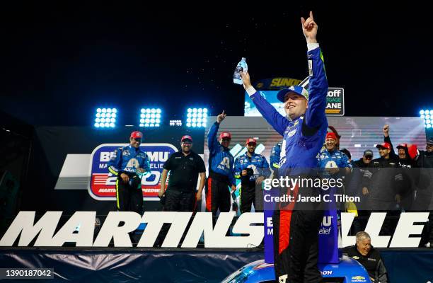 William Byron, driver of the HendrickCars.com Chevrolet, celebrates in the Ruoff Mortgage victory lane after winning the NASCAR Camping World Truck...