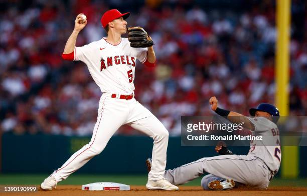 Matt Duffy of the Los Angeles Angels makes the out against Michael Brantley of the Houston Astros in the first inning on Opening Day at Angel Stadium...