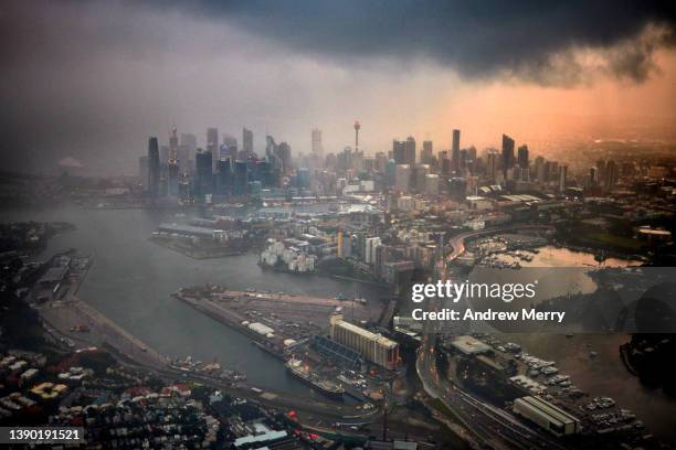 city urban skyline rain storm clouds at dusk, aerial view - barangaroo stock pictures, royalty-free photos & images