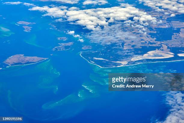 island coastline blue sea, air travel aerial view - bass strait stock pictures, royalty-free photos & images