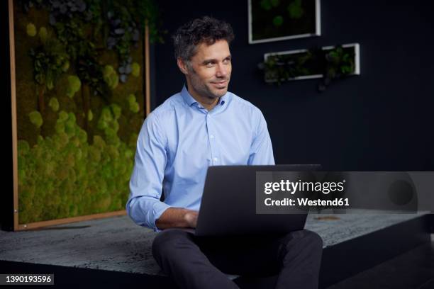 smiling businessman with laptop sitting in office - green economy stock-fotos und bilder