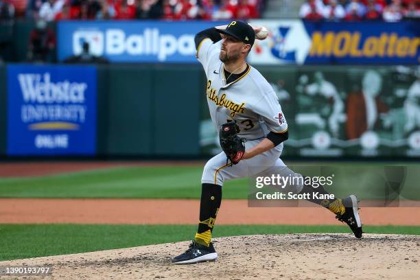 Heath Hembree of the Pittsburgh Pirates delivers a pitch during the sixth inning against the St. Louis Cardinals on Opening Day at Busch Stadium on...