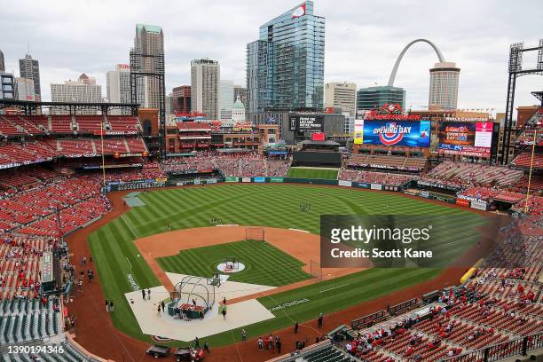 General view of Busch Stadium prior to the Opening Day game between the St. Louis Cardinals and the Pittsburgh Pirates April 7, 2022 in St. Louis,...