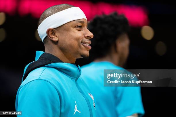 Isaiah Thomas of the Charlotte Hornets looks on during their game against the Orlando Magic at Spectrum Center on April 07, 2022 in Charlotte, North...