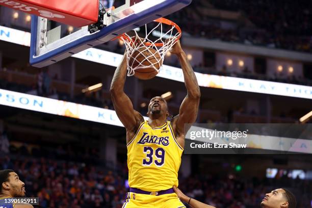 Dwight Howard of the Los Angeles Lakers dunks the ball against the Golden State Warriors in the first half at Chase Center on April 07, 2022 in San...