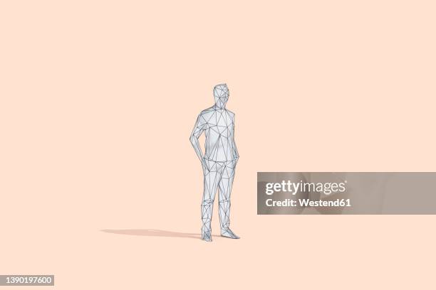 3d rendering of businessman with hands in pockets against peach background - low poly modelling person stock-grafiken, -clipart, -cartoons und -symbole
