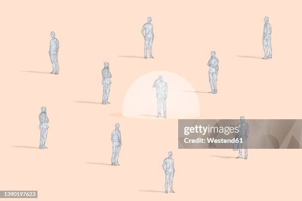low poly wireframe of businessman in bubble amidst colleagues at studio - thinking bubble stock illustrations