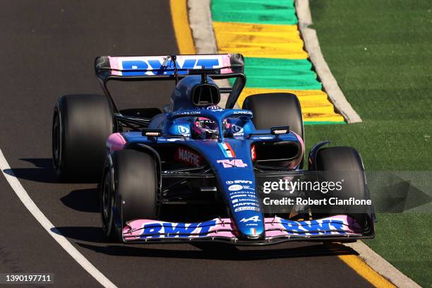 Fernando Alonso of Spain driving the Alpine F1 A522 Renault o during practice ahead of the F1 Grand Prix of Australia at Melbourne Grand Prix Circuit...