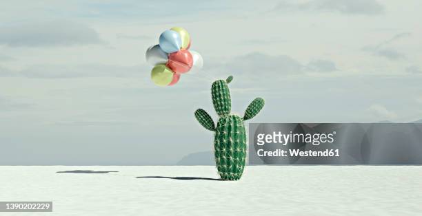 bildbanksillustrationer, clip art samt tecknat material och ikoner med three dimensional render of bunch of balloons tied to desert cactus - kaktus