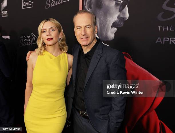Rhea Seehorn and Bob Odenkirk attend the premiere of the sixth and final season of AMC's "Better Call Saul" at Hollywood Legion Theater on April 07,...