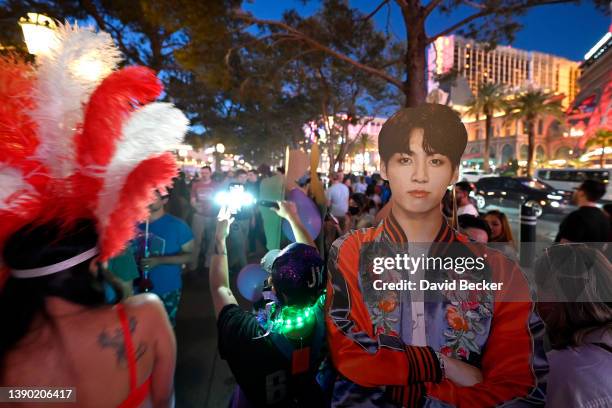 Cardboard cut out of BTS band member Jungkook is seen along the Las Vegas Strip on April 07, 2022 in Las Vegas, Nevada. The K-Pop band kicks off four...