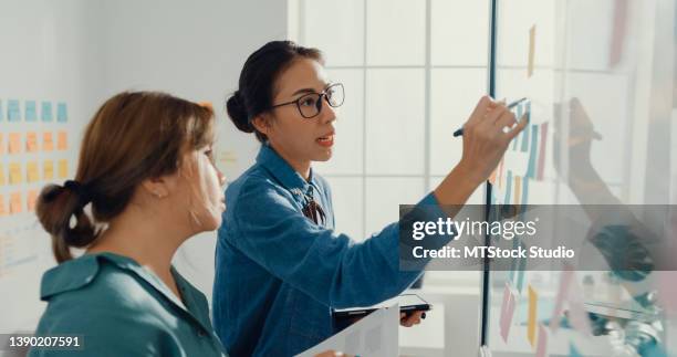 group of young asian businesswomen in smart casual wear using tablet and writing on colorful sticky notes develop business project in creative office. - whiteboard bildbanksfoton och bilder