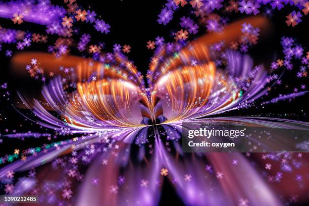 abstract radial technical butterfly flower purple orange fractal on black background - paranormaal stockfoto's en -beelden