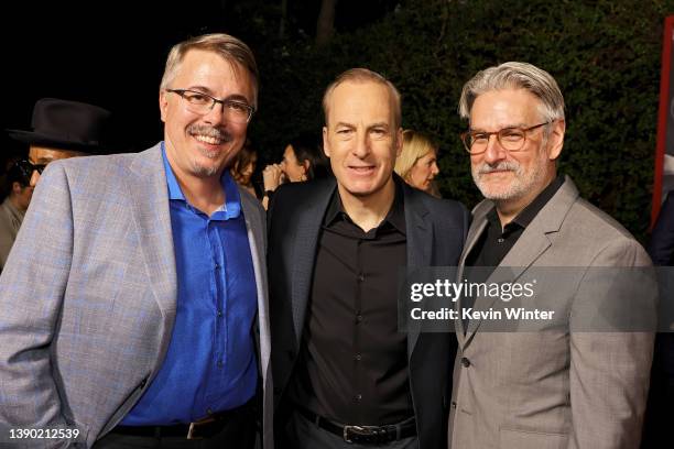 Vince Gilligan, Bob Odenkirk and Peter Gould attend the premiere of the sixth and final season of AMC's "Better Call Saul" at Hollywood Legion...