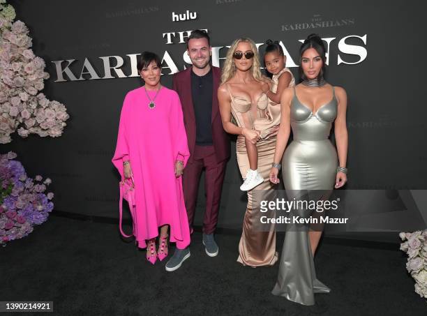 Kris Jenner, Ben Winston, Khloé Kardashian, True Thompson, and Kim Kardashian attend the Los Angeles premiere of Hulu's new show "The Kardashians" at...